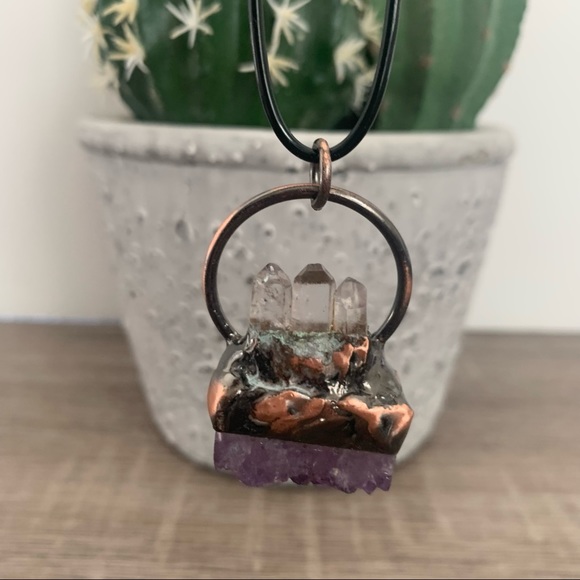 Tri-Quartz Point & Amethyst Copper Wrapped Necklace - Picture 6 of 9